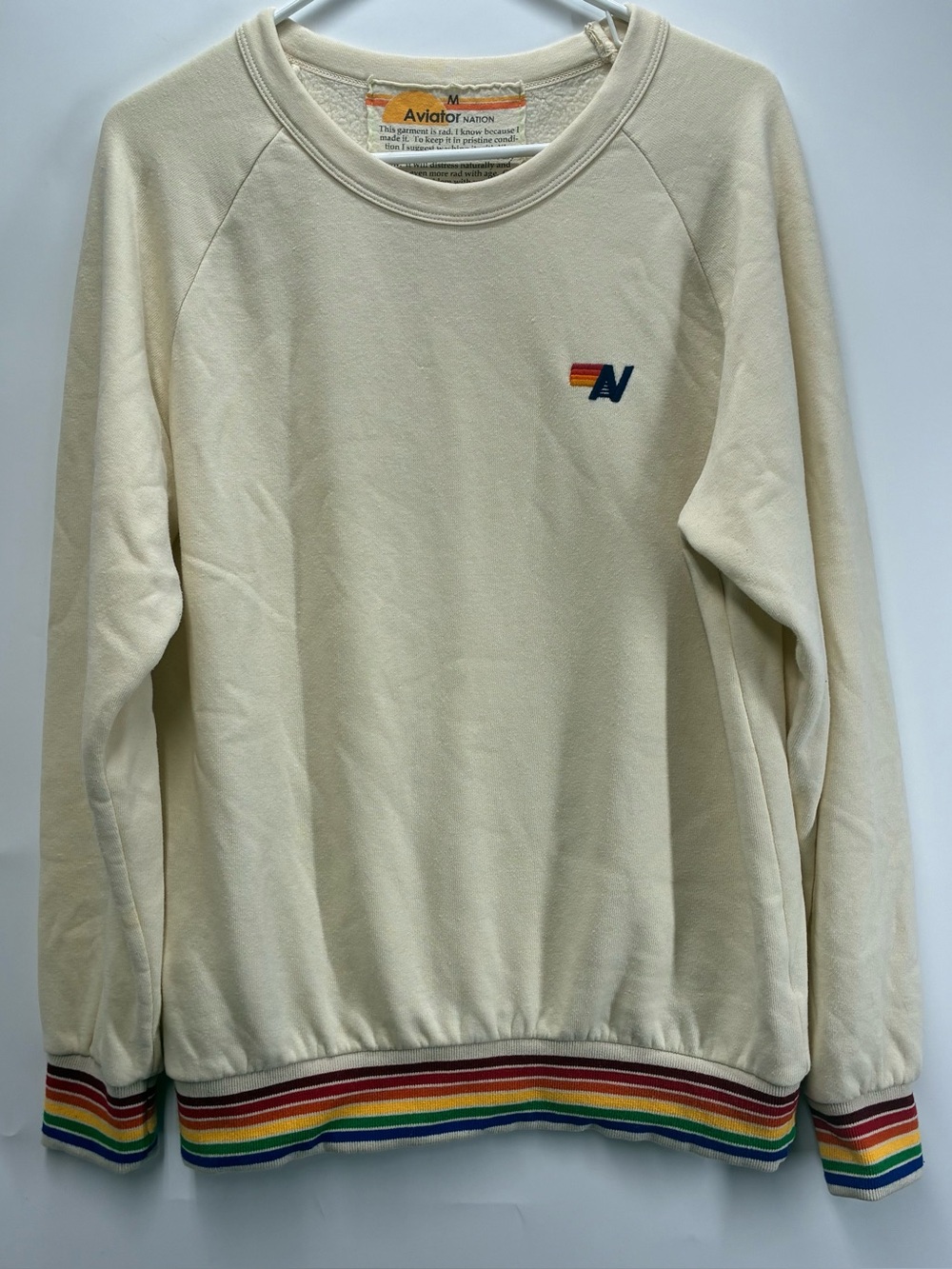 Aviator Nation Medium Rainbow Rib Crew Sweatshirt Cream Pullover Cotton Long
